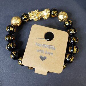 Chinese Black Obsidian Feng Shui Gold Fu Dog Elastic Bracelet